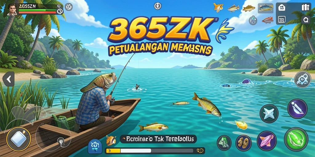 Screenshot utama 365ZK menunjukkan aksi seru saat memancing ikan besar.