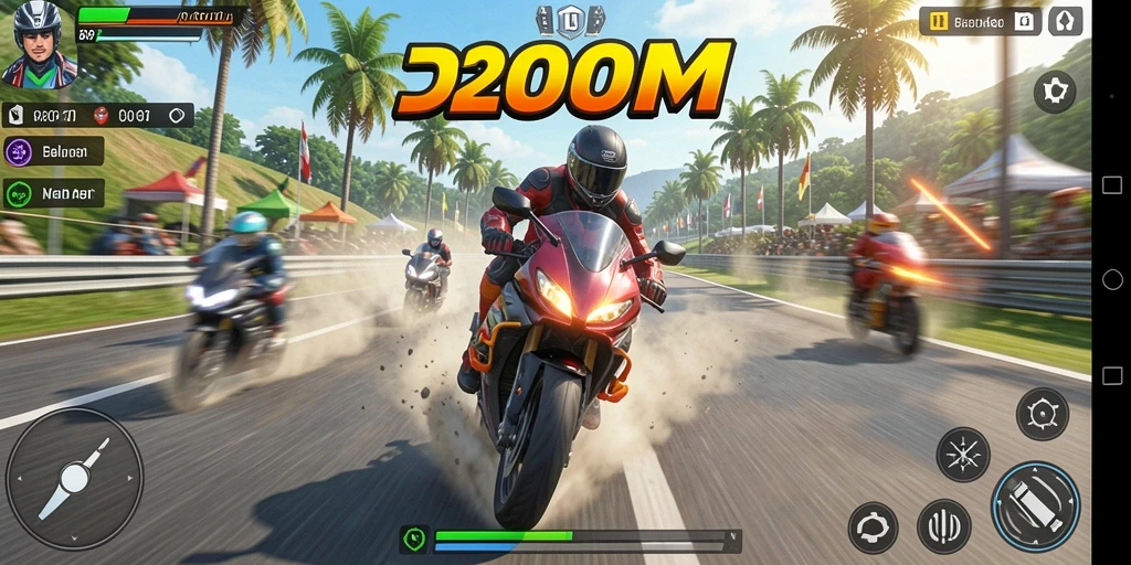 Gameplay D200M yang penuh aksi dalam balapan motor.