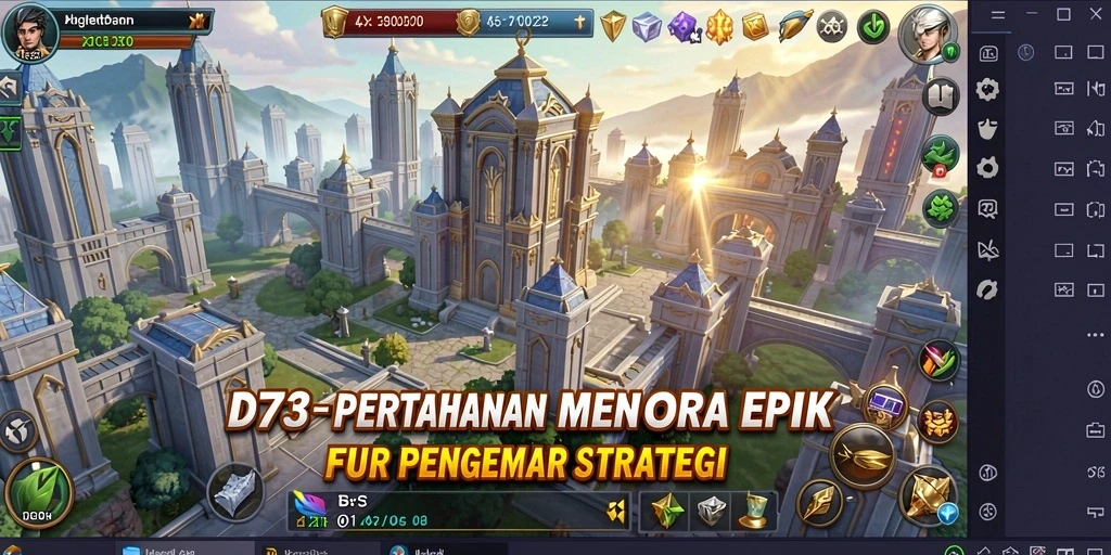 Screenshot gameplay D73 dengan menara dan musuh yang beragam.