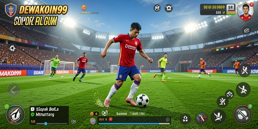 Screenshot gameplay DEWAKOIN99 yang menampilkan aksi pertandingan sepak bola.