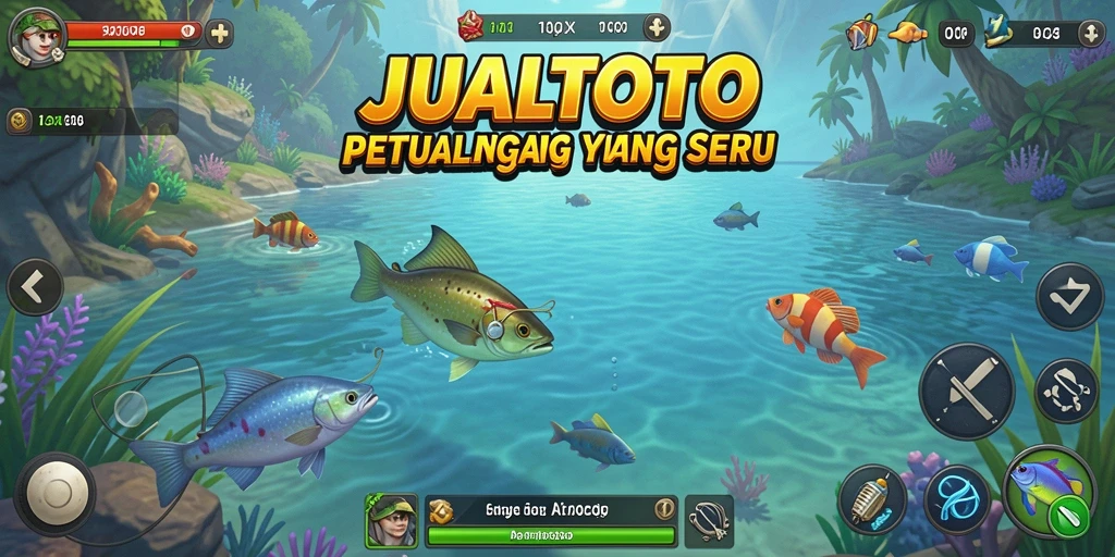 Tampilan gameplay JUALTOTO menampilkan pemancing yang berusaha menangkap ikan.