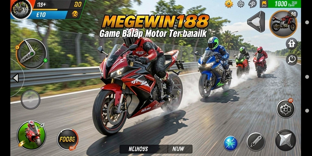 Screenshot gameplay MEGEWIN188 yang menampilkan balapan motor yang seru.