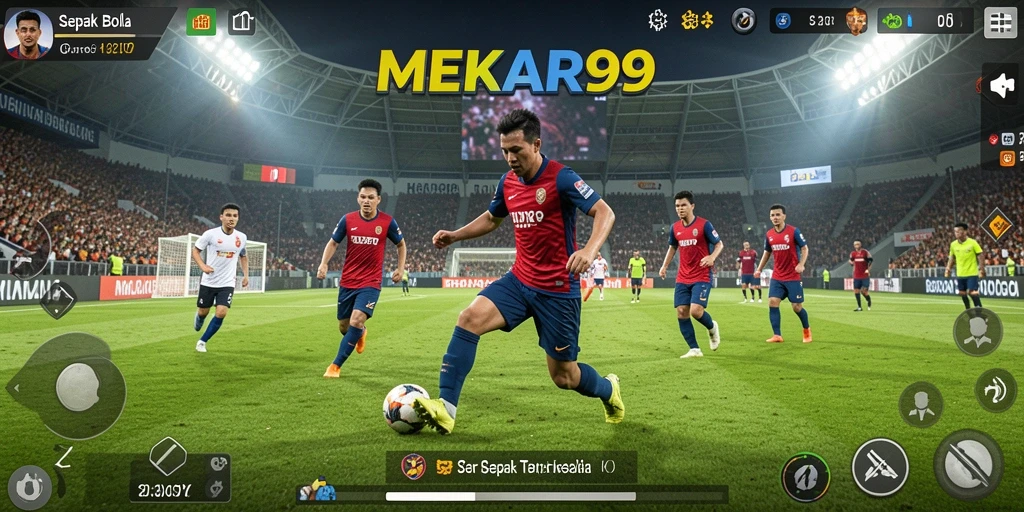 Tangkapan layar gameplay MEKAR99 yang menggambarkan aksi sepak bola seru.