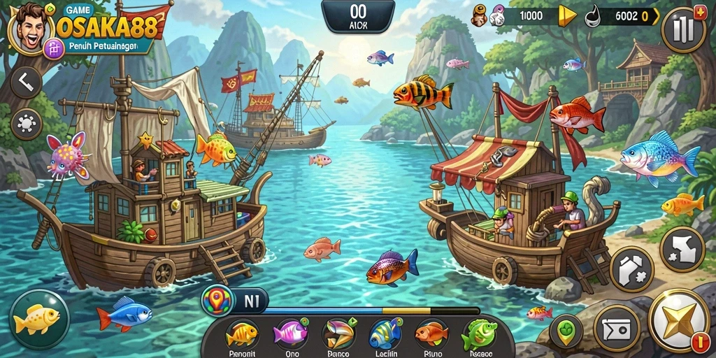 Tampilan gameplay OSAKA88 dengan berbagai ikan dan lokasi memancing.