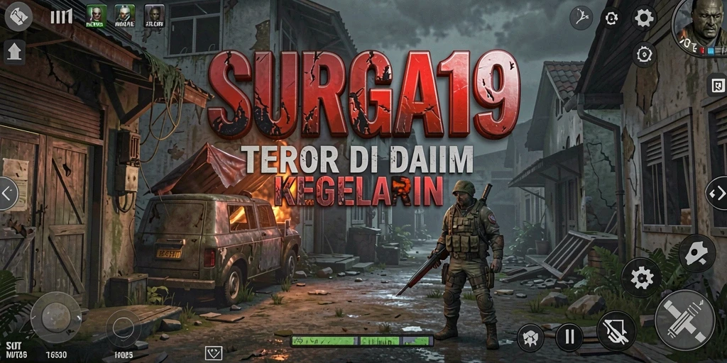Screenshot utama SURGA19 menampilkan gameplay intens dan atmosfer menakutkan.