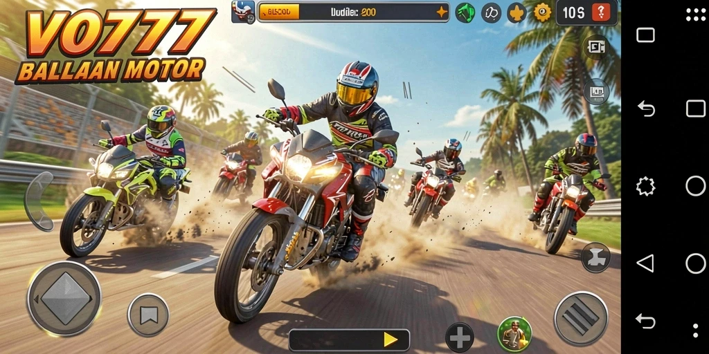 Gameplay seru VO777 menampilkan balapan motor yang intens.